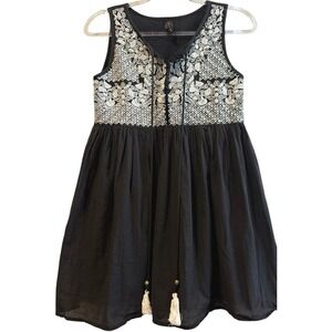 Raga Anthropologie Black / White Cotton Beaded Embroidered Boho Mini Dress Small